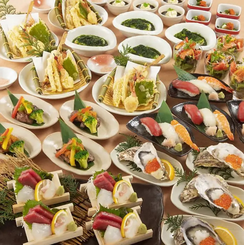【華コース】飲み放題付9品 まぐろ、牡蠣、ステーキ、天ぷら、寿司等宴に相応しい豪華絢爛コース
