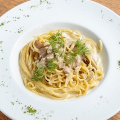 大山鶏ミンチと舞茸のわさびクリームパスタ