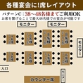 【パターンC】38～48名様までご利用OK！テーブル席を繋げることで、最大48名様までご利用いただけます。大規模宴会も当店にお任せください。また、モニターを計4つ完備しておりますので、スポーツ観戦や思い出の映像を流す同窓会など、多様なニーズに合わせた演出が可能です。