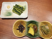 野沢菜漬け、からし茄子、イナゴ、山うど