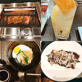 左上：骨付きカルビ、左下：ガーリックライス、右下：純レバあみ脂巻