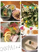 前菜4種、自家製豆腐、お刺身盛合せ、シーザーサラダ